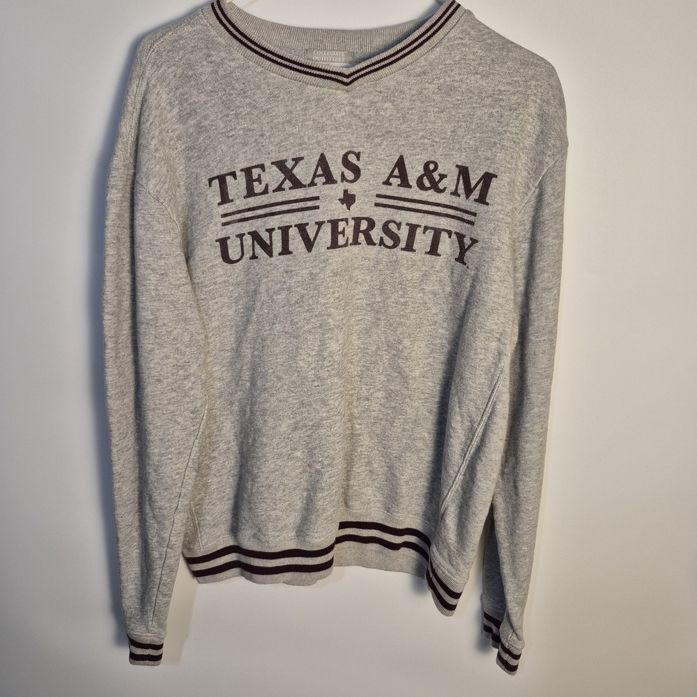 TX A&M M University Sweater Gray Maroon Varsity Strioe TrimAggies Crewneck